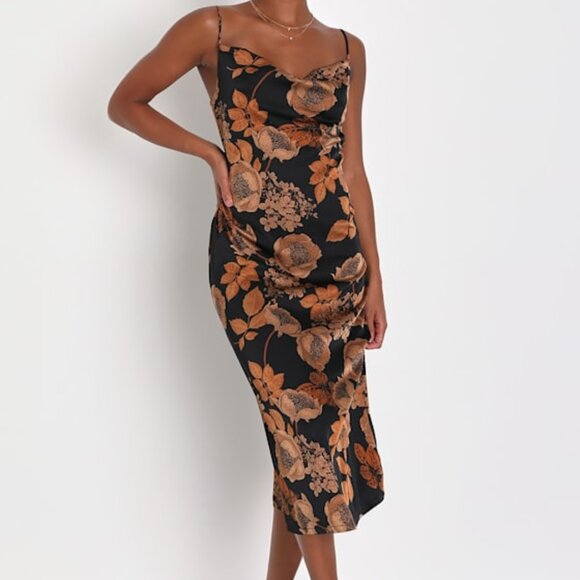 Lulus Favorite Icon Black Floral Satin Cowl Neck Slip Midi Dress - Size S - Picture 1 of 3